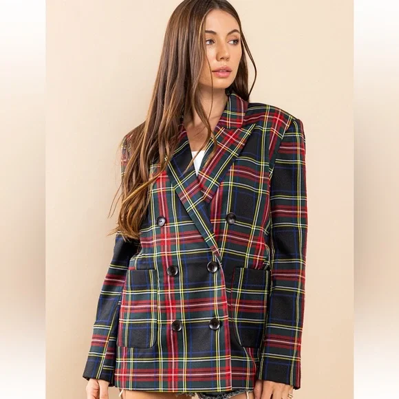 04 Chic Plaid Double Breasted Blazer Jacket - Picture 2 of 6
